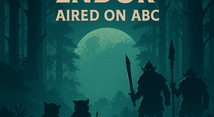 Retro forest moon illustration with small creature silhouettes facing armored marauder silhouettes, with text “OTD 1985 Battle for Endor Aired on ABC.”