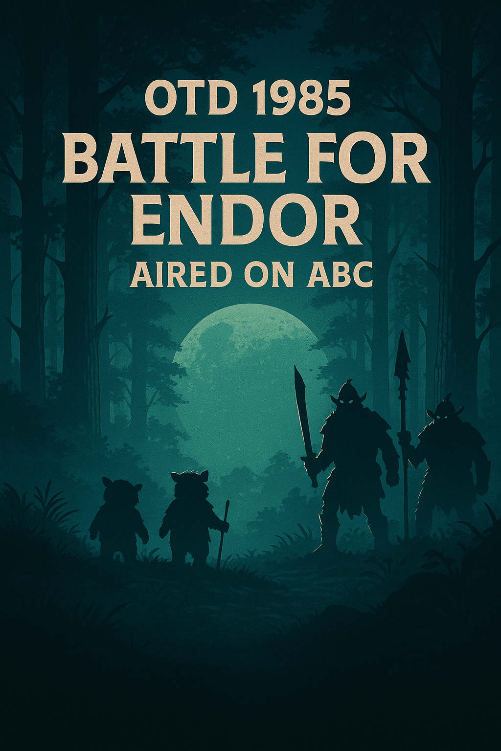 Retro forest moon illustration with small creature silhouettes facing armored marauder silhouettes, with text “OTD 1985 Battle for Endor Aired on ABC.”