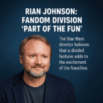 Rian Johnson stands before a glowing Star Wars logo split between light and dark, symbolizing the divided yet passionate Star Wars fandom.