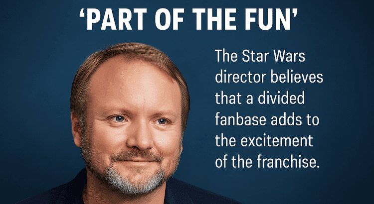 Rian Johnson stands before a glowing Star Wars logo split between light and dark, symbolizing the divided yet passionate Star Wars fandom.