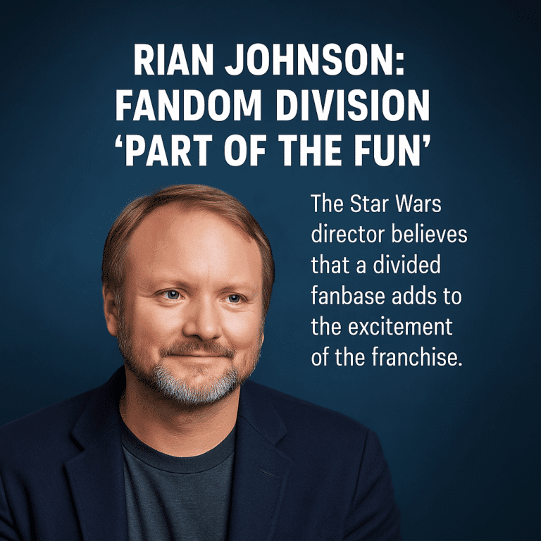Rian Johnson stands before a glowing Star Wars logo split between light and dark, symbolizing the divided yet passionate Star Wars fandom.