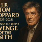 Tribute artwork of Sir Tom Stoppard with Star Wars elements, including a Death Star silhouette and a TIE fighter, featuring the text “The Hidden Pen Behind Revenge of the Sith.”