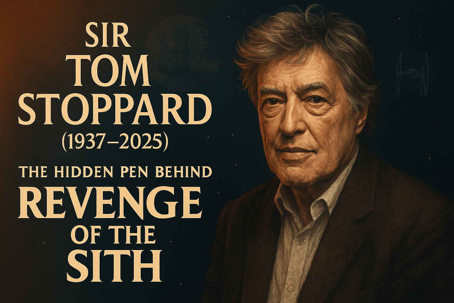 Tribute artwork of Sir Tom Stoppard with Star Wars elements, including a Death Star silhouette and a TIE fighter, featuring the text “The Hidden Pen Behind Revenge of the Sith.”