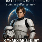 Star Wars Battlefront II Elite Trooper Edition 8-year anniversary artwork with glowing stormtrooper helmet and futuristic blue holograms.