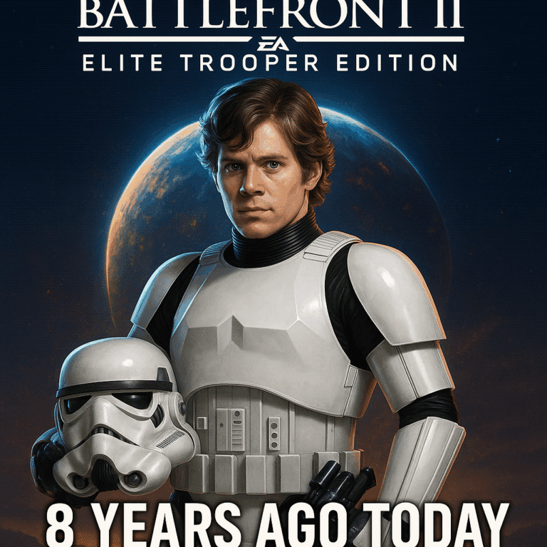 Star Wars Battlefront II Elite Trooper Edition 8-year anniversary artwork with glowing stormtrooper helmet and futuristic blue holograms.