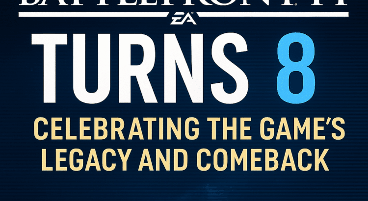 Star Wars Battlefront II 8th anniversary celebration banner with futuristic blue graphics and glowing title