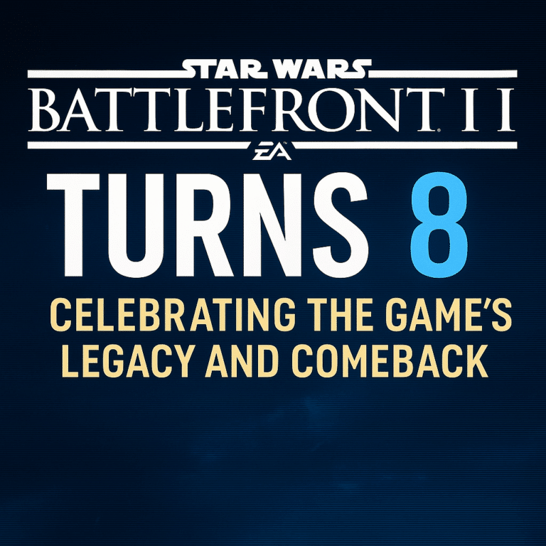 Star Wars Battlefront II 8th anniversary celebration banner with futuristic blue graphics and glowing title