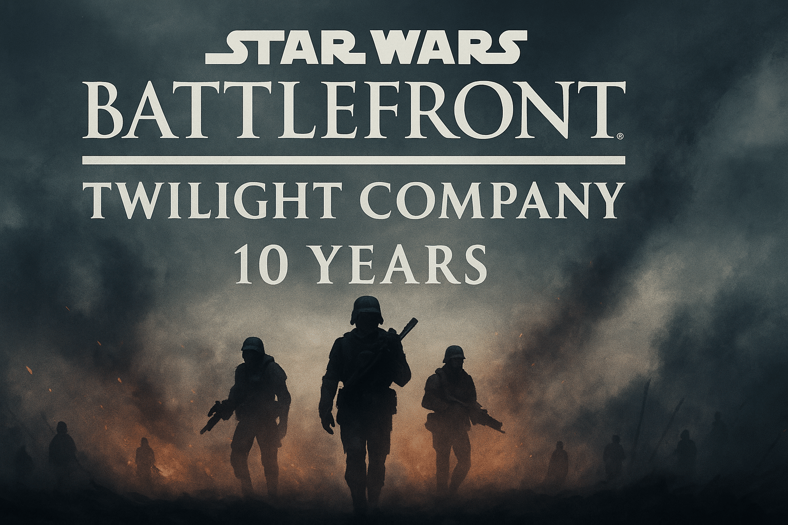 Star Wars Battlefront: Twilight Company 10th Anniversary banner with Rebel soldiers in a smoky battlefield