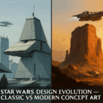 Side-by-side Star Wars concept art showing classic trilogy urban design contrasted with modern desert-world aesthetics and updated starship visuals.