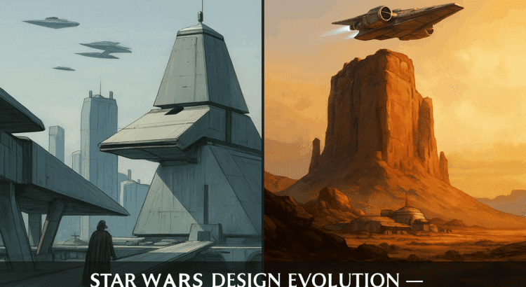 Side-by-side Star Wars concept art showing classic trilogy urban design contrasted with modern desert-world aesthetics and updated starship visuals.