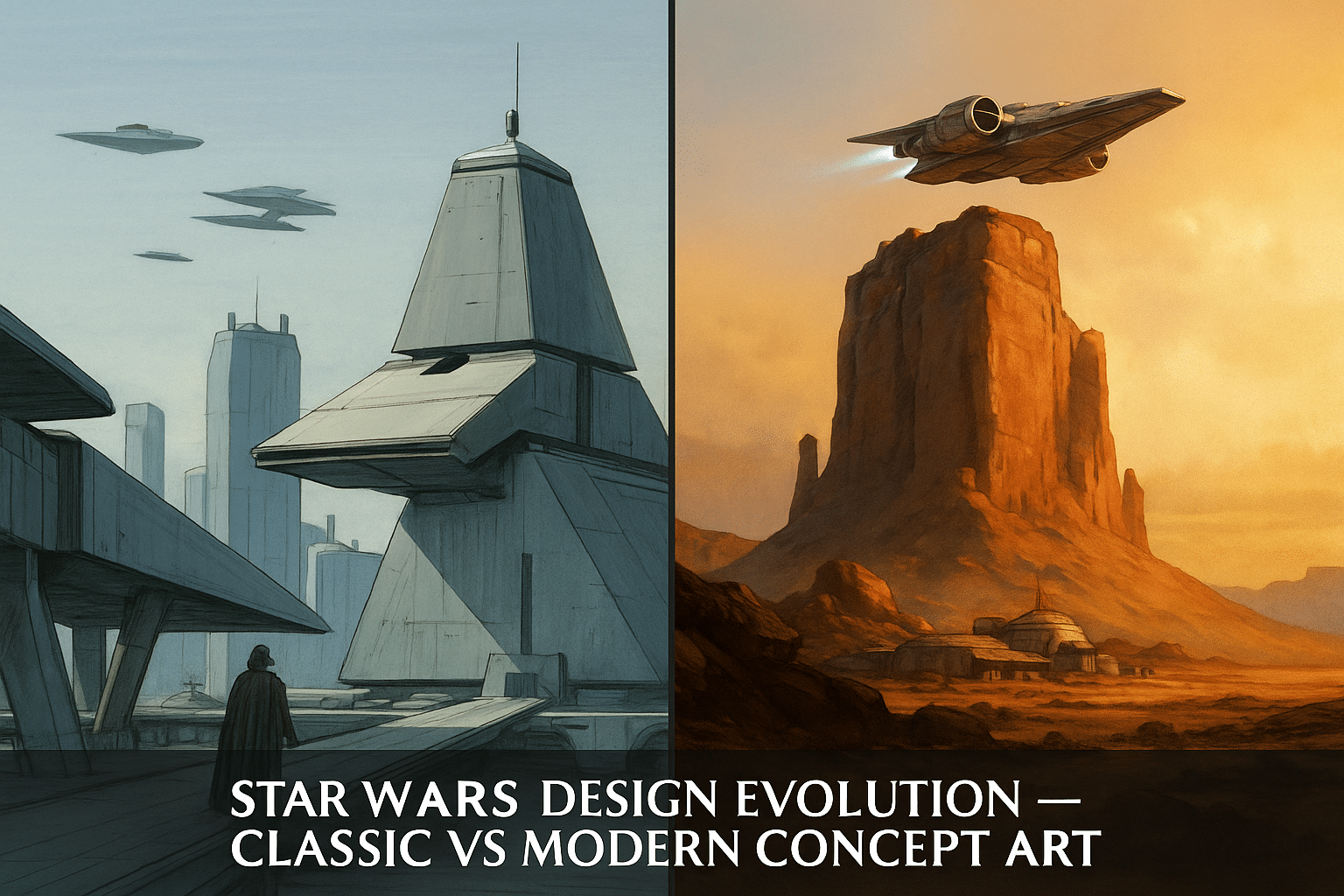 Side-by-side Star Wars concept art showing classic trilogy urban design contrasted with modern desert-world aesthetics and updated starship visuals.