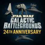 Star Wars Galactic Battlegrounds 24th anniversary graphic with crossed lightsabers, RTS-style units, and a glowing holographic title.