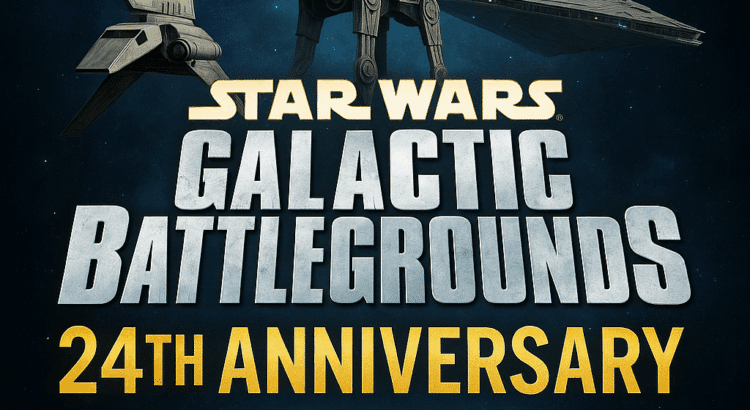 Star Wars Galactic Battlegrounds 24th anniversary graphic with crossed lightsabers, RTS-style units, and a glowing holographic title.