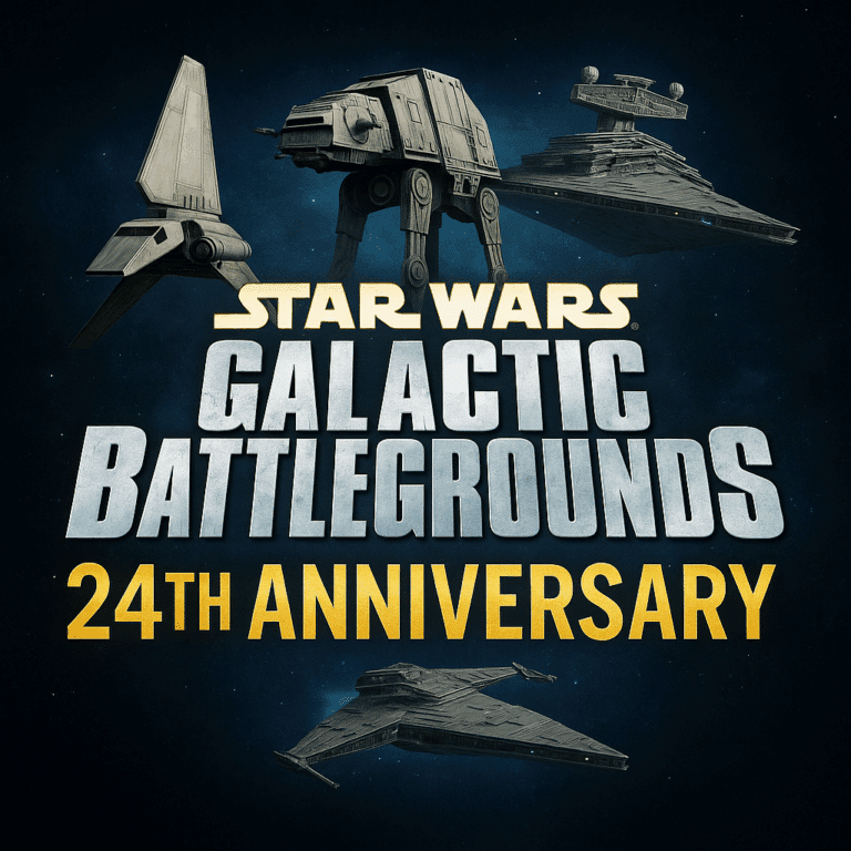 Star Wars Galactic Battlegrounds 24th anniversary graphic with crossed lightsabers, RTS-style units, and a glowing holographic title.