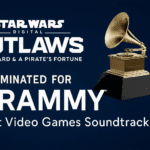 Promotional image celebrating the GRAMMY nomination for Star Wars Outlaws: Wild Card & A Pirate’s Fortune soundtrack, featuring the game logo and a glowing GRAMMY trophy against a galactic backdrop.