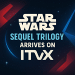 Star Wars sequel trilogy announcement graphic with bold space-themed design promoting arrival on ITVX.