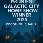 SWG Legends Galactic City Home Show 2025 banner featuring a spooky Talus cityscape with Harvest Festival decorations.
