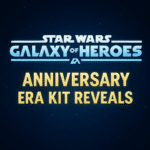 Star Wars: Galaxy of Heroes Anniversary Era Kit Reveals graphic with glowing blue and gold text on a starry space background.