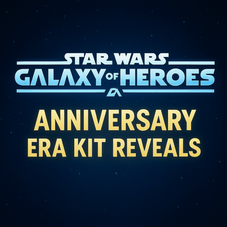 Star Wars: Galaxy of Heroes Anniversary Era Kit Reveals graphic with glowing blue and gold text on a starry space background.