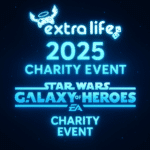 Promotional image for the Star Wars: Galaxy of Heroes Extra Life 2025 Charity Event featuring the SWGOH logo, glowing blue light effects, and gaming icons symbolizing community and fundraising.