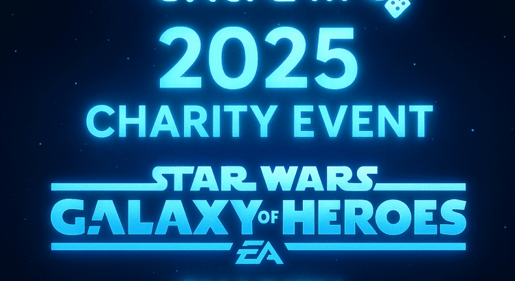 Promotional image for the Star Wars: Galaxy of Heroes Extra Life 2025 Charity Event featuring the SWGOH logo, glowing blue light effects, and gaming icons symbolizing community and fundraising.