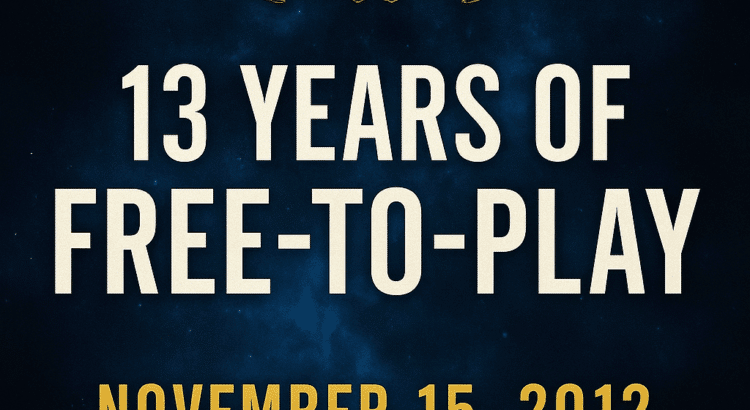 SWTOR 13-year free-to-play anniversary graphic with glowing gold text, starfield background, and the Star Wars: The Old Republic logo.