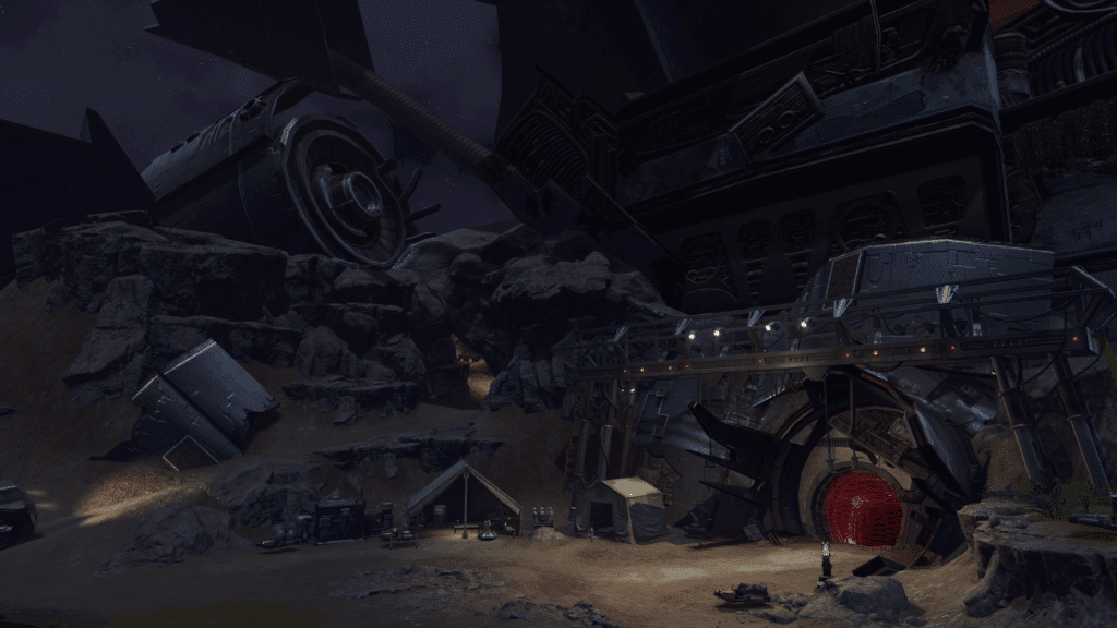 SWTOR Dantooine Crash Site showing a massive crashed starship, rocky terrain, and a red-lit tunnel entrance for Dynamic Encounters.