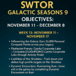 SWTOR Galactic Seasons 9 objectives for November 11 to December 8 displayed on a starry space-themed background.