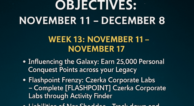 SWTOR Galactic Seasons 9 objectives for November 11 to December 8 displayed on a starry space-themed background.