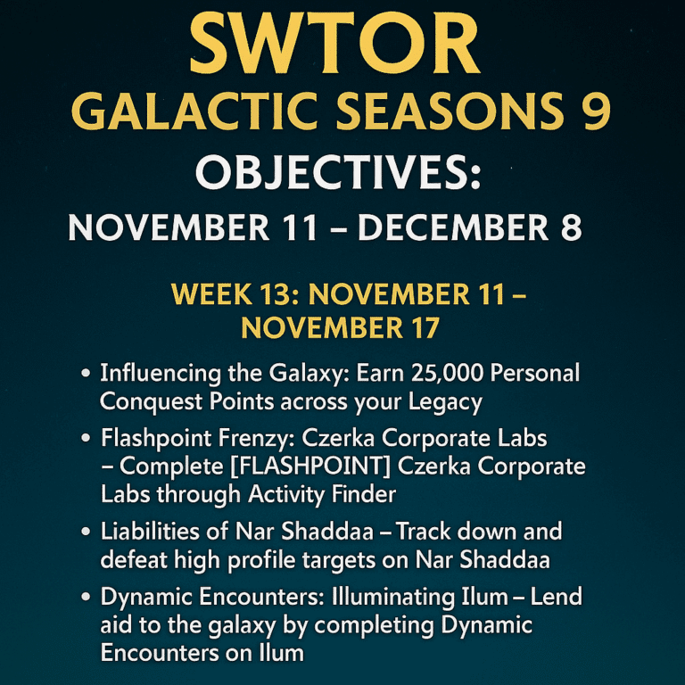 SWTOR Galactic Seasons 9 objectives for November 11 to December 8 displayed on a starry space-themed background.
