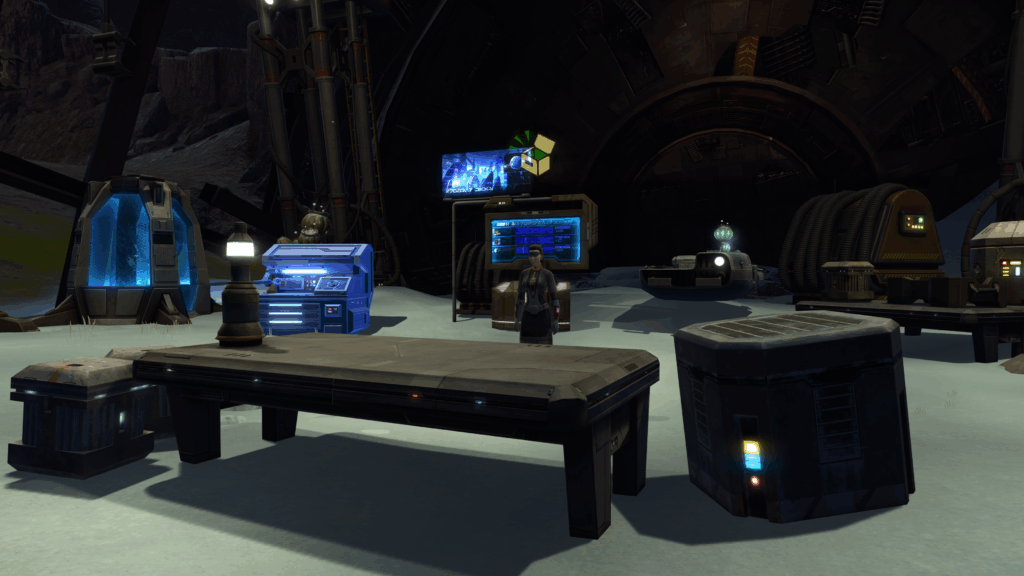 SWTOR Dantooine Crash Site vendor area featuring consoles, supply crates, a holographic display, and an NPC vendor from Update 7.8.