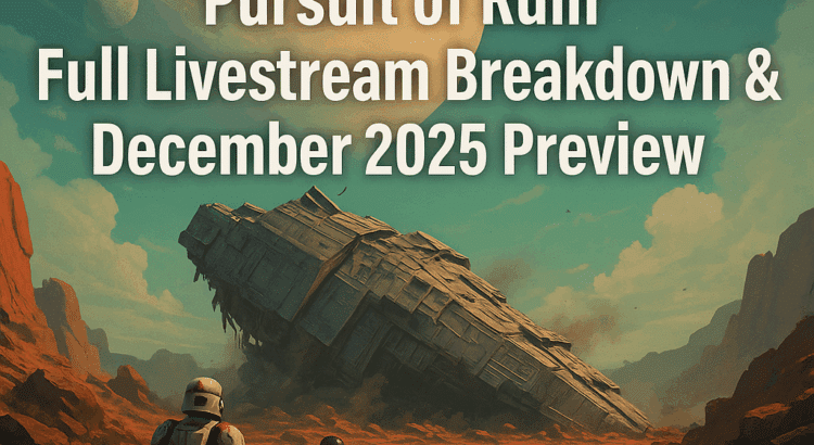 Sci-fi illustration of armored explorers approaching a crashed starship on a rocky alien landscape with bold text promoting SWTOR Game Update 7.8 “Pursuit of Ruin.”