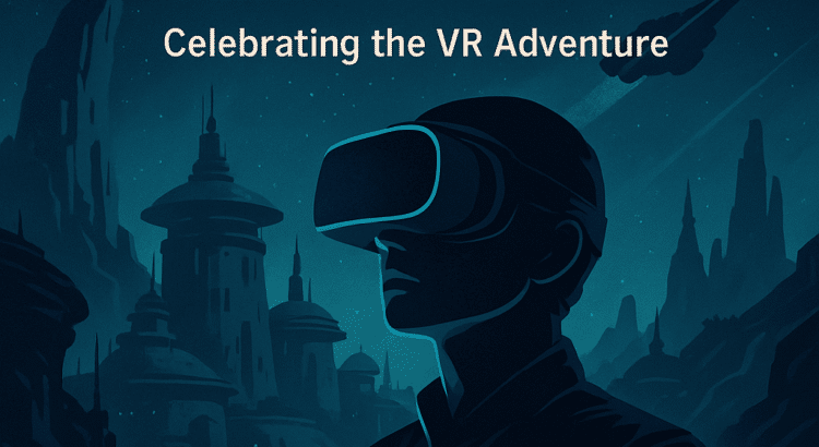 Stylized sci-fi illustration of a VR player exploring an alien cityscape with the text “Star Wars: Tales from the Galaxy’s Edge Turns 5 – Celebrating the VR Adventure.”