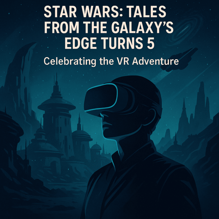 Stylized sci-fi illustration of a VR player exploring an alien cityscape with the text “Star Wars: Tales from the Galaxy’s Edge Turns 5 – Celebrating the VR Adventure.”