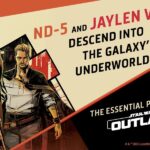 Illustrated promo art of ND-5 and Jaylen Vrax from Star Wars Outlaws: Low Red Moon with the tagline “ND-5 and Jaylen Vrax descend into the galaxy’s underworld.”