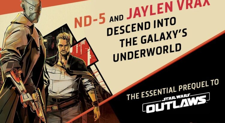 Illustrated promo art of ND-5 and Jaylen Vrax from Star Wars Outlaws: Low Red Moon with the tagline “ND-5 and Jaylen Vrax descend into the galaxy’s underworld.”