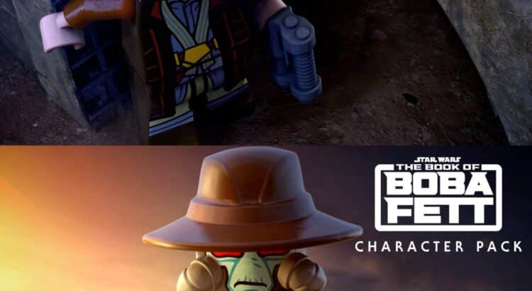 Promotional artwork for LEGO Star Wars character packs featuring Cassian Andor from the Andor DLC and Cad Bane from The Book of Boba Fett DLC in LEGO Star Wars: The Skywalker Saga.