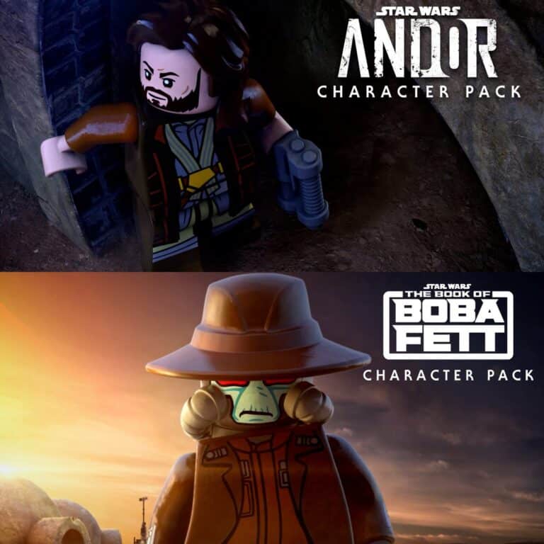 Promotional artwork for LEGO Star Wars character packs featuring Cassian Andor from the Andor DLC and Cad Bane from The Book of Boba Fett DLC in LEGO Star Wars: The Skywalker Saga.