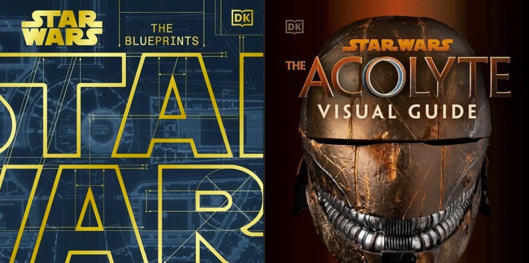 Side-by-side covers of Star Wars reference books: “Star Wars: The Blueprints” with a technical schematic-style design, and “Star Wars: The Acolyte Visual Guide” featuring a close-up of a cracked, metallic mask.