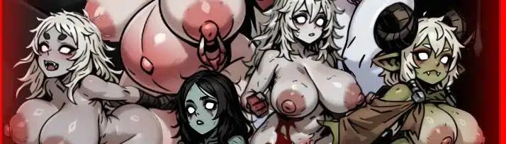 Lewd monster girl artwork from the Darkest Dungeon Crimson Court NSFW mod featuring demon and goblin girls.