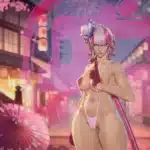 Nude pink-haired female character celebrating under fireworks in a stylized Japanese street from a Marvel Rivals NSFW mod.