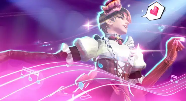 Male Luna Snow Cherry Delight skin mod standing in a candy-themed arena in Marvel Rivals