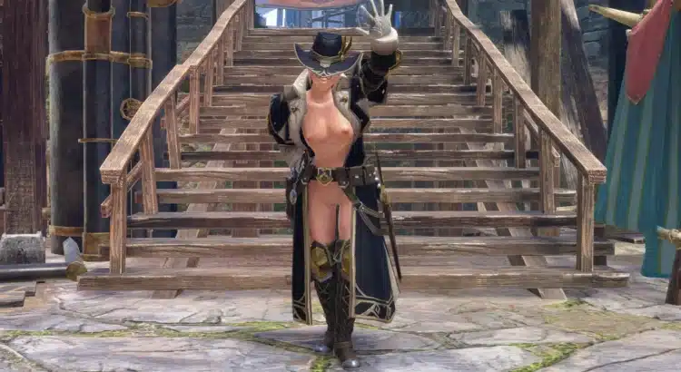 Monster Hunter Rise Skimpy Dragonsbane armor mod showcasing nude retexture pose