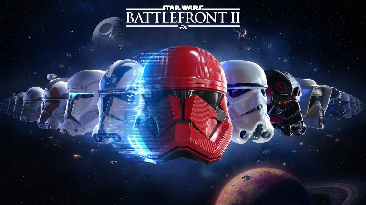 Star Wars Battlefront II Celebration Edition key art featuring a lineup of clone trooper and stormtrooper helmets in space.