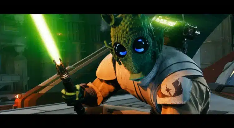 Rodian character wielding a green lightsaber in Star Wars Jedi Survivor using the Rodian Outfit Manager mod