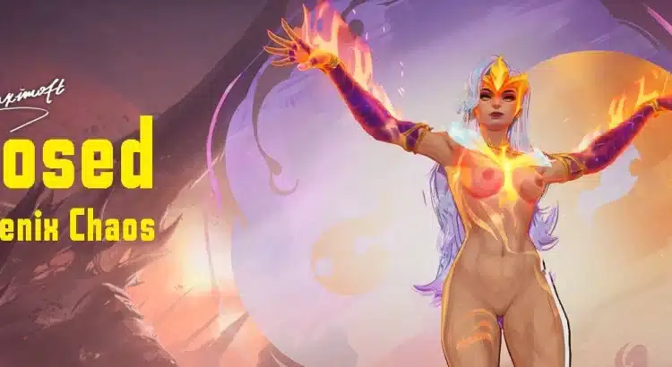 Scarlet Witch Phoenix Chaos NSFW mod banner showing nude Wanda Maximoff with fiery magic and exposed skin in Marvel Rivals