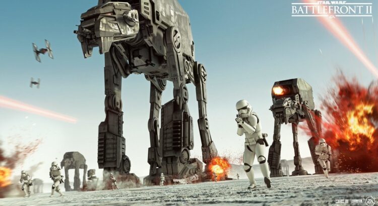 AT-M6 walkers advancing across the salt plains of Crait in Star Wars Battlefront II