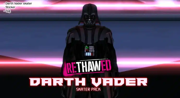 Darth Vader character model in Tony Hawk’s American Wasteland reTHAWed mod pack with sticker and tag options.