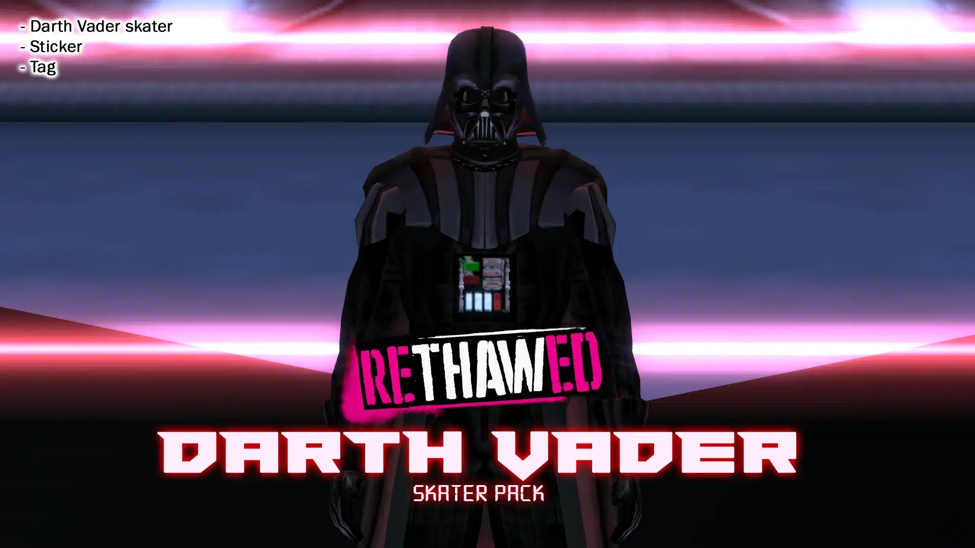Darth Vader character model in Tony Hawk’s American Wasteland reTHAWed mod pack with sticker and tag options.