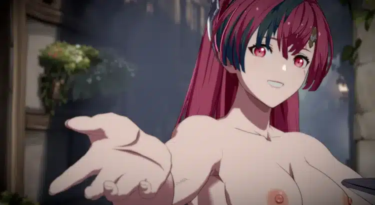 Meg nude mod close-up reaching forward in Granblue Fantasy Versus: Rising cutscene.